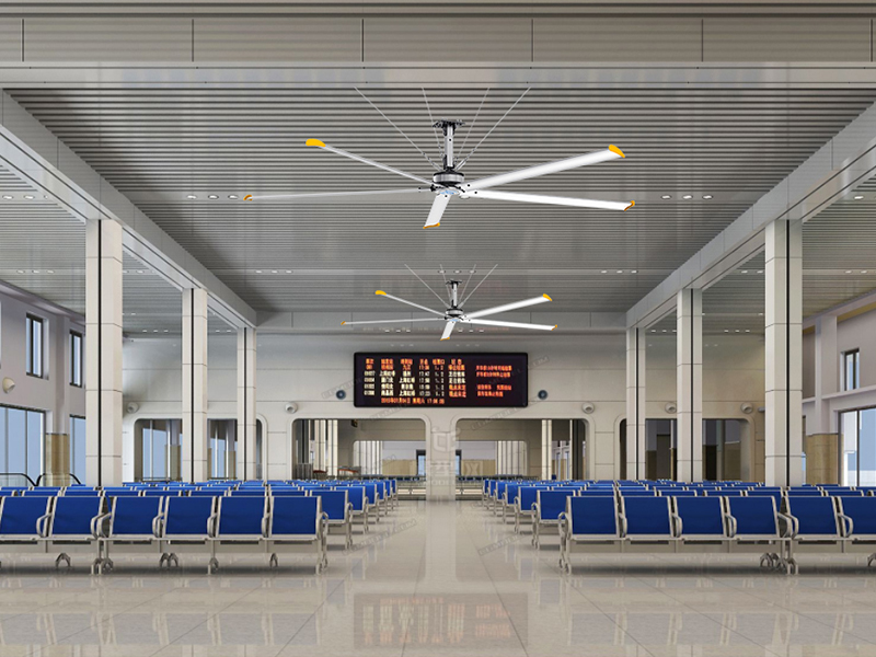 Why are large industrial fans suitable for installation in railway stations?